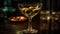 A luxurious martini glass reflects the dark, elegant bar scene generated by AI