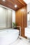 Luxurious master bathroom En suite - renovation. Wood accent wall, bathtub and plant.