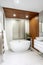 Luxurious master bathroom En suite - renovation. Wood accent wall, bathtub and plant.