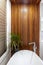 Luxurious master bathroom En suite - renovation. Wood accent wall, bathtub and plant.