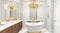A luxurious master bathroom with a freestanding