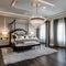 A luxurious master bedroom with a canopy bed, plush velvet accents, and a crystal chandelier3, Generative AI