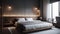 Luxurious modern bedroom with comfortable bedding and elegance generated by AI