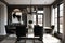 Luxurious modern dining room boasts a black dining table illuminated by a rectangular chandelier and surrounded by gray velvet