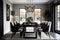 Luxurious modern dining room boasts a black dining table illuminated by a rectangular chandelier and surrounded by gray velvet