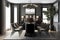 Luxurious modern dining room boasts a black dining table illuminated by a rectangular chandelier and surrounded by gray velvet