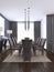 Luxurious modern dining room boasts a wood dining table illuminated by a pendant lights and surrounded by brown leather dining