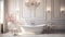 Luxurious modern home bathroom interior with rich interiors, white marble, flowers, freestanding bathtub, mirrors and accessories