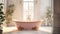 Luxurious modern home bathroom interior with rich interiors, white marble, flowers, freestanding bathtub, mirrors and accessories