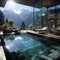 Luxurious and modern swimming pool with a carved texture on European style walls