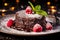 Luxurious molten cake adorned with raspberry and chocolate fondant served on a dish