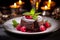 Luxurious molten cake adorned with raspberry and chocolate fondant served on a dish