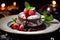 Luxurious molten cake adorned with raspberry and chocolate fondant served on a dish