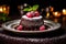 Luxurious molten cake adorned with raspberry and chocolate fondant served on a dish