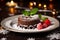 Luxurious molten cake adorned with raspberry and chocolate fondant served on a dish