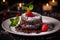 Luxurious molten cake adorned with raspberry and chocolate fondant served on a dish