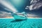 Luxurious motor boat in turquoise ocean water against blue sky with white clouds and tropical island. generative AI