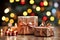 Luxurious New Year\\\'s and Christmas gifts, set against a sparkling bokeh backdrop.