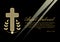 Luxurious obituary with golden crucifix and lawrence branches on black background. Funeral announcement in luxurious