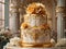 A luxurious, opulent wedding cake dripping with gold accents