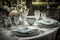 luxurious outdoor table setting with fine china, crystal glasses, and silverware