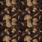 Luxurious pattern of mushrooms and leaves on a dark background