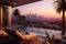 A luxurious penthouse balcony with a pool overlooking Los Angeles, showcasing the iconic skyline, palm trees, and a breathtaking
