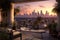 A luxurious penthouse balcony with a pool overlooking Los Angeles, showcasing the iconic skyline, palm trees, and a breathtaking