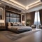 A luxurious penthouse bedroom with a panoramic view, a canopy bed, and plush furnishings1