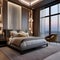 A luxurious penthouse bedroom with a panoramic view, a canopy bed, and plush furnishings2
