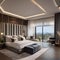A luxurious penthouse bedroom with a panoramic view, a canopy bed, and plush furnishings4