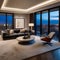 A luxurious penthouse living room overlooking a city skyline, adorned with modern art pieces1
