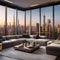 A luxurious penthouse living room overlooking a city skyline, adorned with modern art pieces2