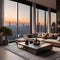 A luxurious penthouse living room overlooking a city skyline, adorned with modern art pieces3