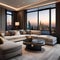 A luxurious penthouse living room overlooking a city skyline, adorned with modern art pieces4