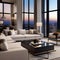 A luxurious penthouse living room overlooking a city skyline, adorned with modern art pieces5
