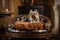 luxurious pet bed with intricate headboard in rich leather and plush faux fur
