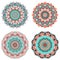 Luxurious pink and turquoise Mandala set. Collection of lacy decorative ornaments for printing.
