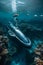 Luxurious private submarine exploring the deep ocean with fish swim alongside