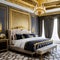 A luxurious, Rococo-inspired bedroom with opulent furnishings, gold leaf accents, and intricate molding details on the ceiling a