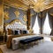 A luxurious, Rococo-inspired bedroom with opulent furnishings, gold leaf accents, and intricate molding details on the ceiling a