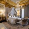 A luxurious, Rococo-inspired bedroom with opulent furnishings, gold leaf accents, and intricate molding details on the ceiling a