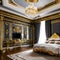 A luxurious, Rococo-inspired bedroom with opulent furnishings, gold leaf accents, and intricate molding details on the ceiling a