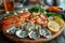 Luxurious seafood platter with glistening oysters, shrimp, and crab, adorned with lemon slices and fresh herbs.. AI