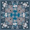Luxurious shawl with bouquets of roses and paisley ornament on blue background. Indian, russian motifs. Ethnic style. Sepia color