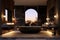 Luxurious spa-like bathroom with a freestanding bathtub, black marble accents, and soothing lighting, creating a serene oasis for