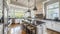 Luxurious spacious kitchen featuring marble countertops and a stylish patterned backsplash.