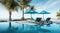 Luxurious swimming pool and loungers umbrellas near beach and sea with palm trees