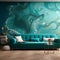 Luxurious Teal Sofa In A Living Room With Marbleized Mural