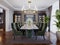 Luxurious trendy dining room interior in art deco style, beige interior with green furniture. Rectangular table with six chairs